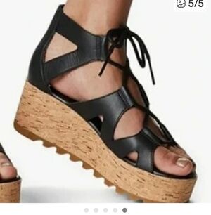 Sorel Black Platform Lace Up Ankle Heeled Sandal 9.5